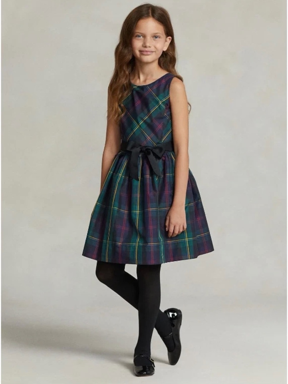 Polo Ralph Lauren Dress Girls 7 Green Blue Plaid Fit Flare Taffeta Lined Party